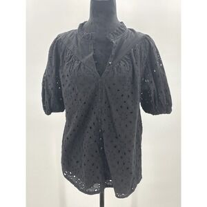 Pretty Garden Black Eyelet Ruffle Neck Puff Sleeve Button Up Blouse Top Womens M